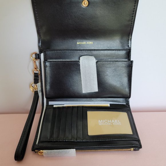 MICHAEL KORS Jet Set Charm Pebble Leather Large Flap Phone Wristlet-Black - Picture 14 of 16